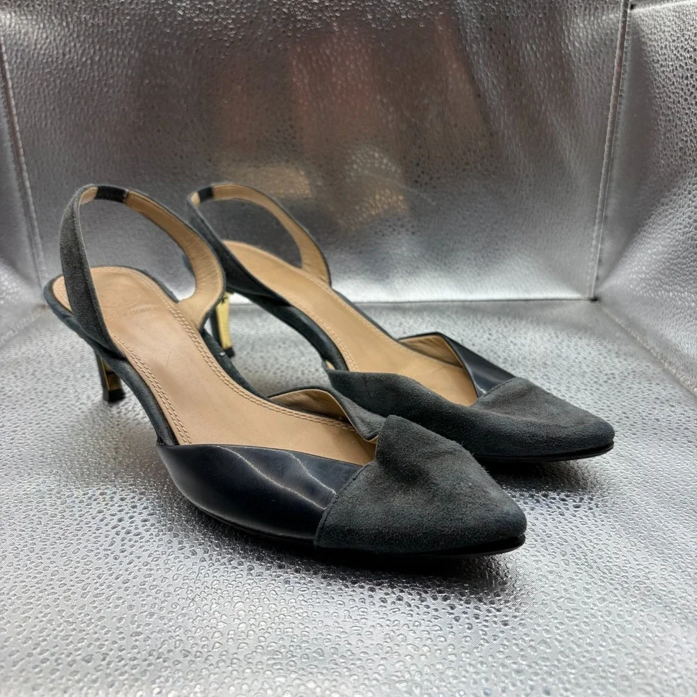 Size 6M Tory Burch Black Womens Leather Suede Pointed Toe Slingback Kitten Heels
